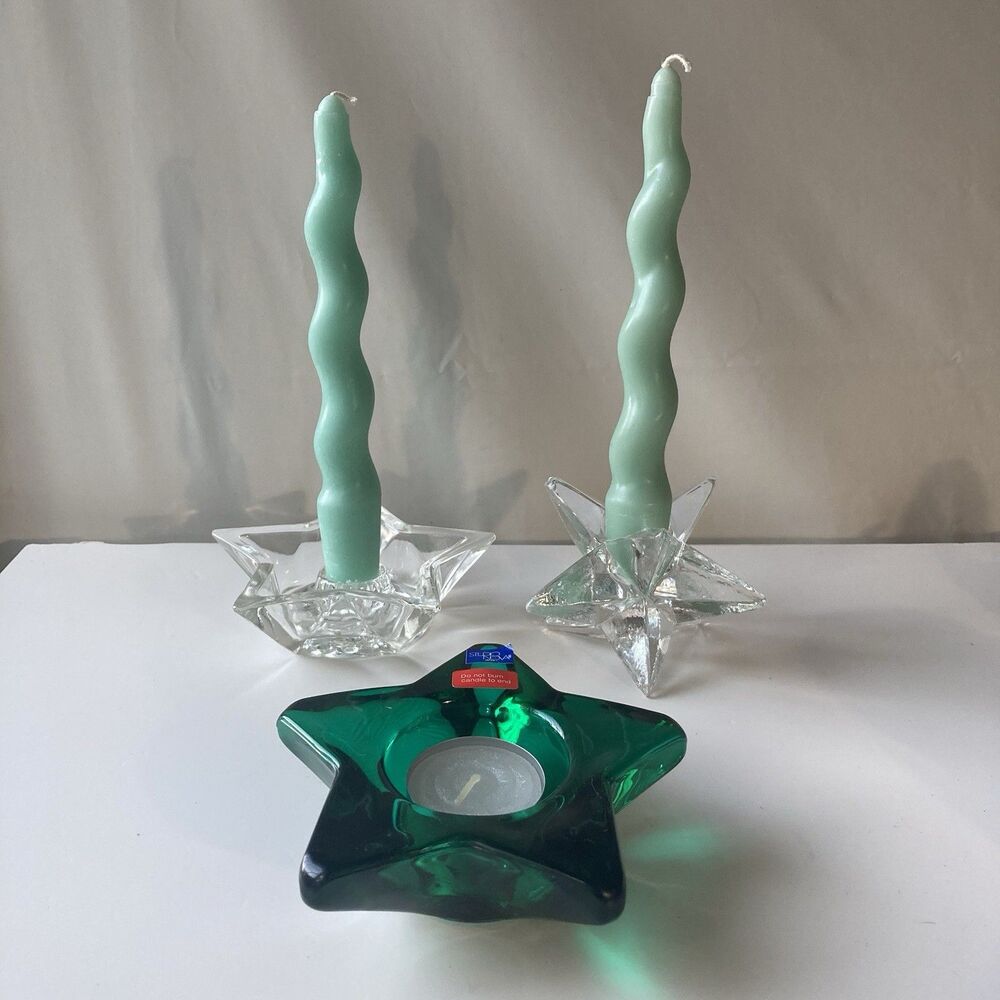 Vintage Star Shaped Glass Taper Tea Light Candle Holders 3 piece Set Celestial